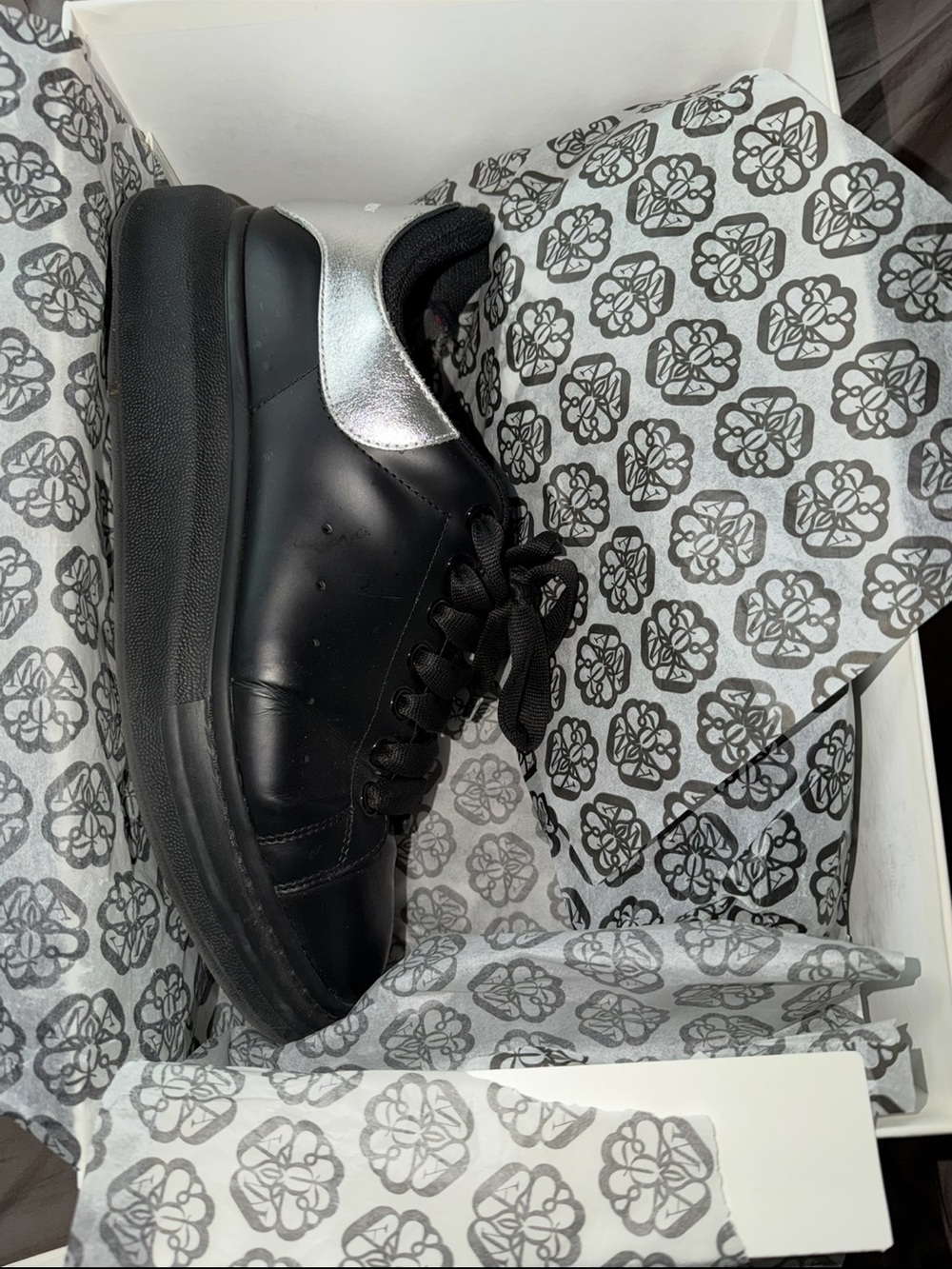 Alexander McQueen Black Leather Low-Top Sneakers with Silver Heel